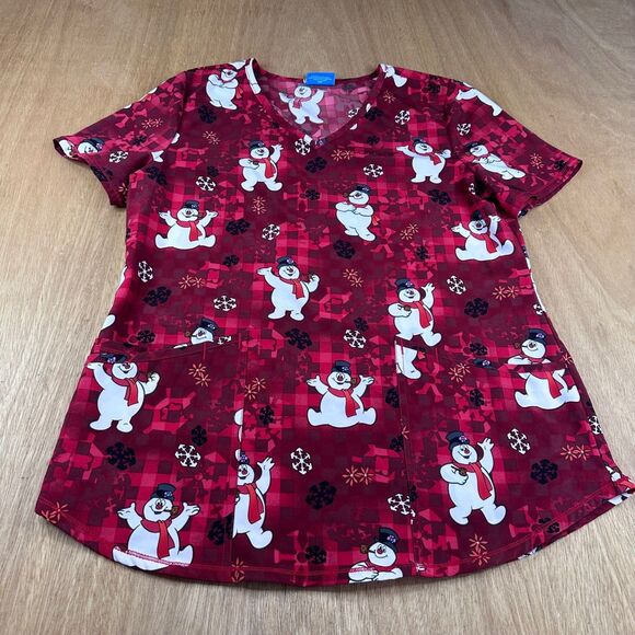 Frosty the Snowman Holiday Scrub Top Red Snowman Print V-Neck Small - Picture 1 of 4